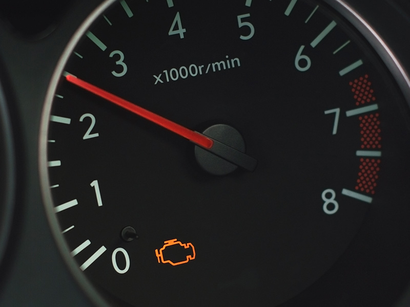 Tachometer on a car with the check engine light on.